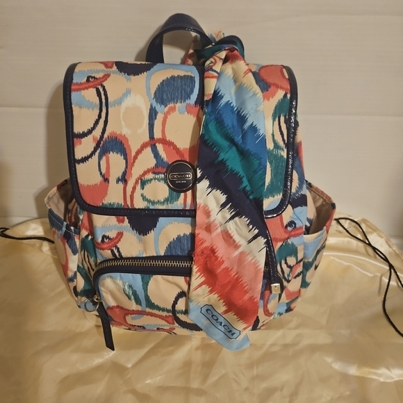 Coach Ikat Scribble Multicolor Signatur Backpack W/Matching Scarf Rare Navy Trim - Picture 1 of 16